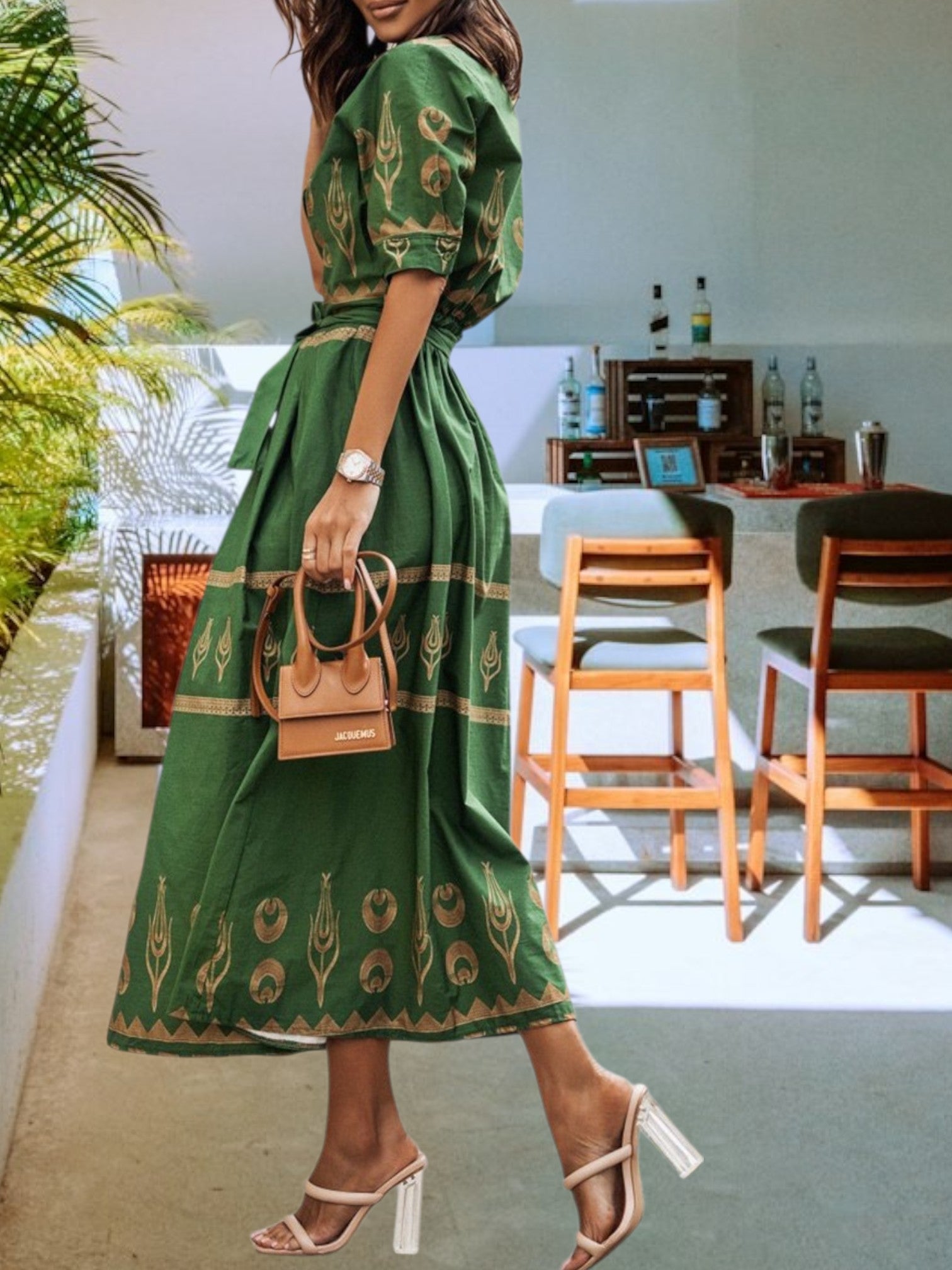 Vintage Maxi Dress Elegant Button and Belt High Waist with Fashion Print short sleeves | Green