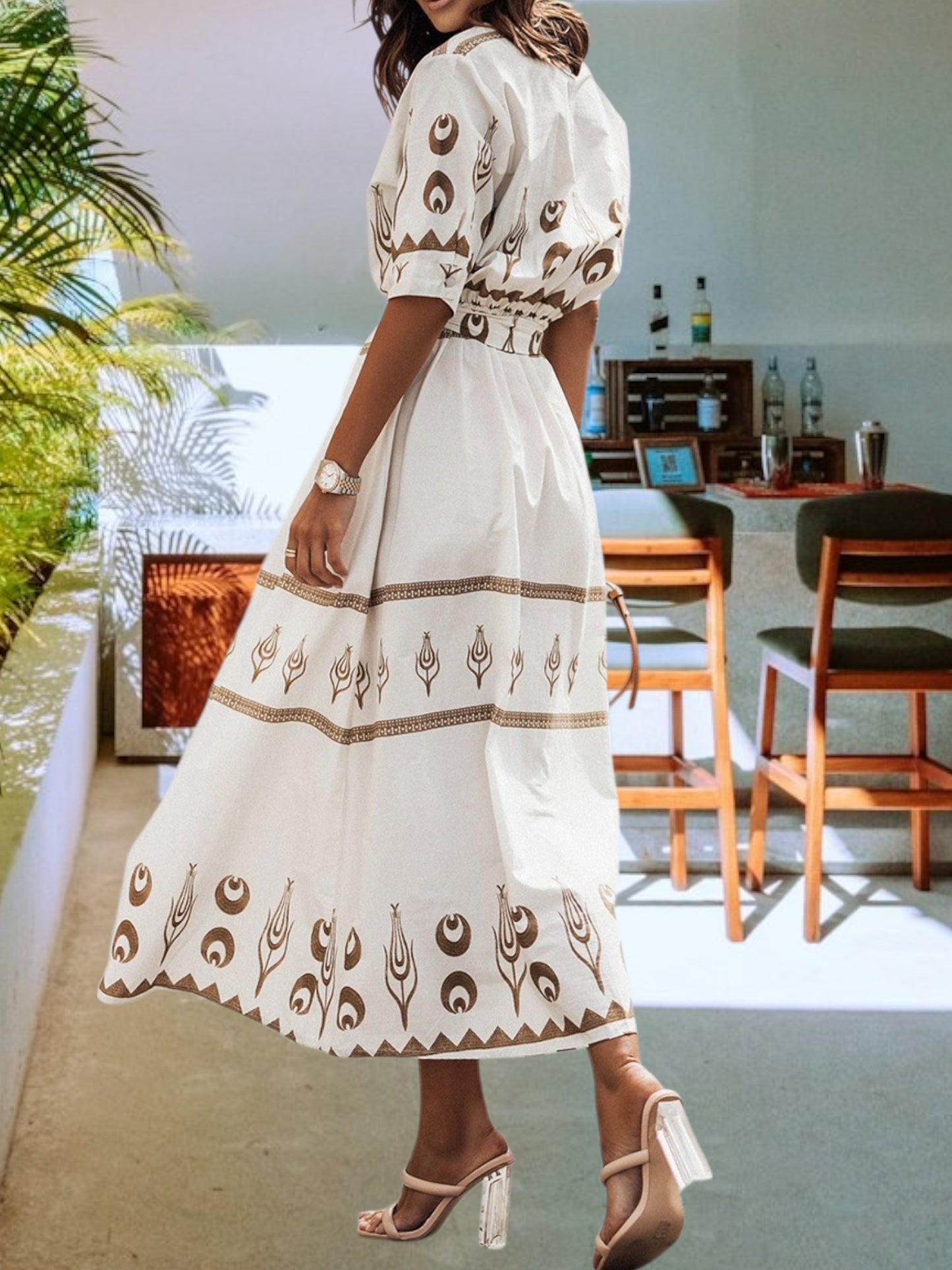 Vintage Maxi Dress Elegant Button and Belt High Waist with Fashion Print short sleeves | White