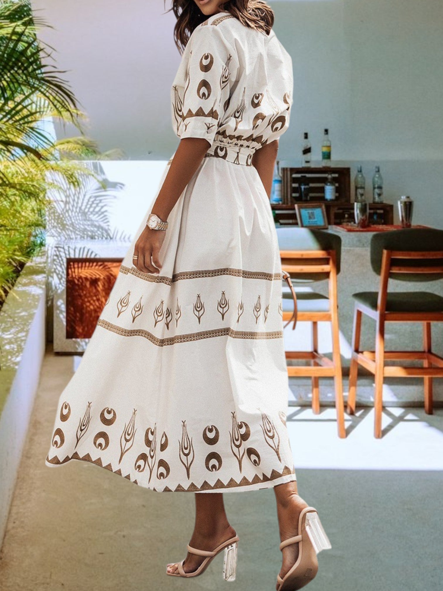 Vintage Maxi Dress Elegant Button and Belt High Waist with Fashion Print short sleeves | White