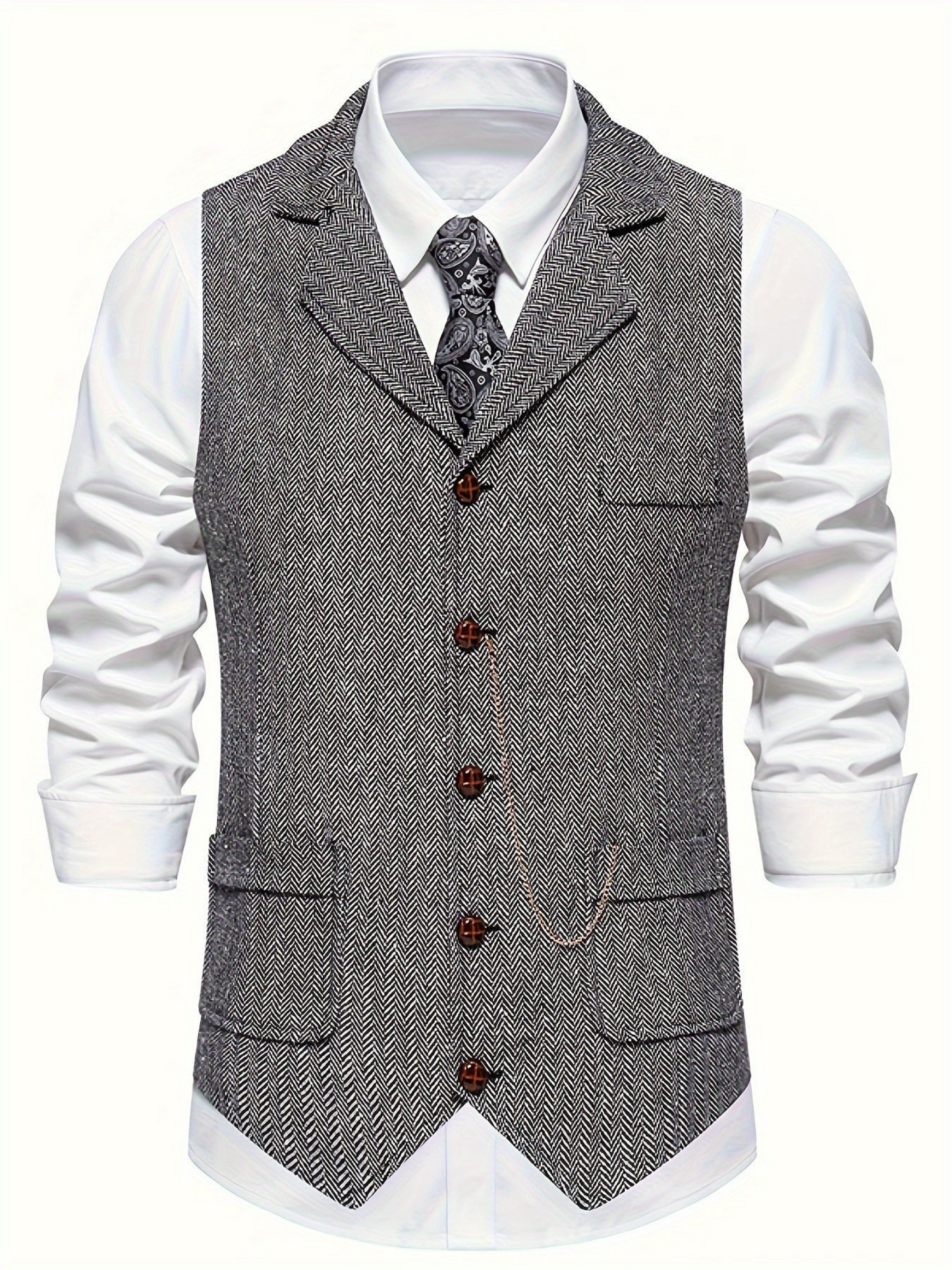 Waistcoat for Men, Herringbone Pattern | Tailored Fit | Light Gray