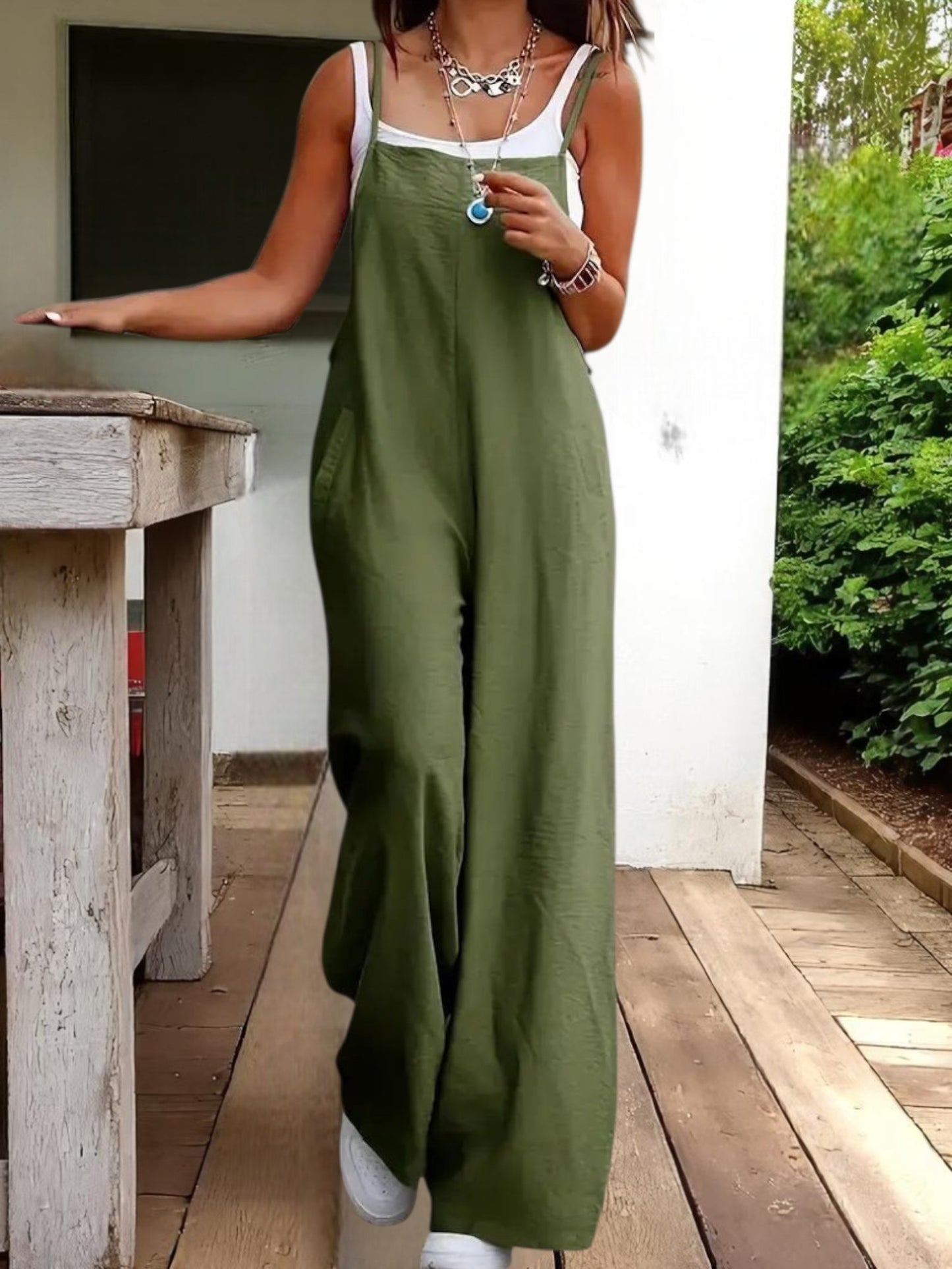 Wide-Leg Casual Overalls in Lightweight Cotton-Linen Blend with Adjustable Straps and Pockets | Army Green
