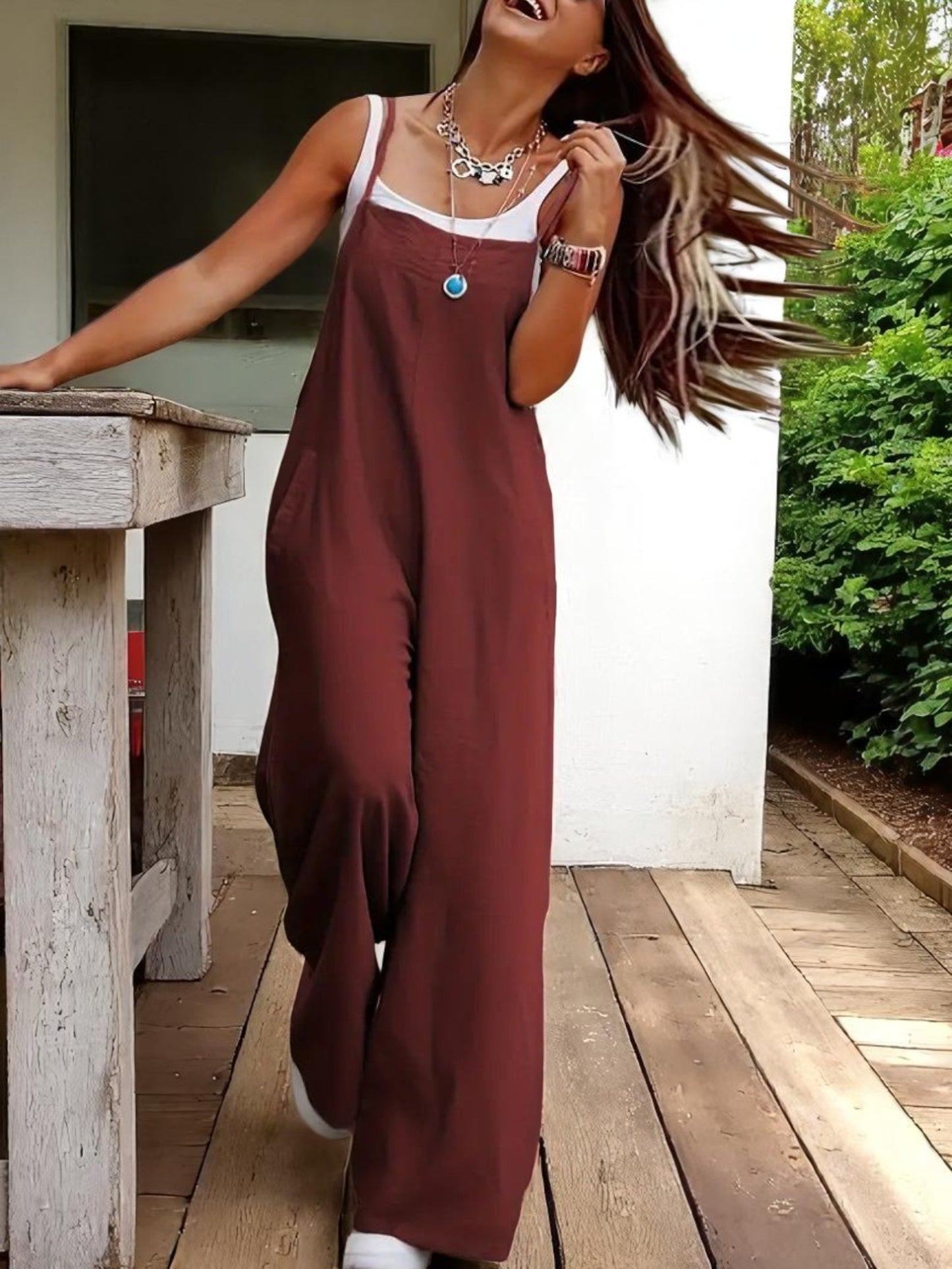 Wide-Leg Casual Overalls in Lightweight Cotton-Linen Blend with Adjustable Straps and Pockets | Wine Red