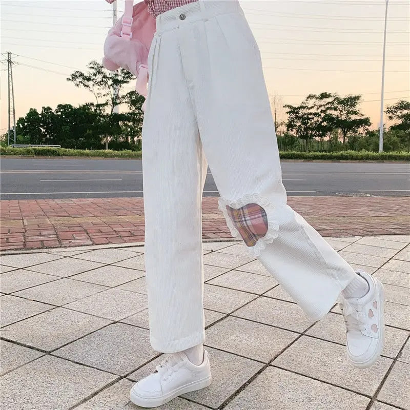 Wide Leg Corduroy Trousers for Women | Cropped Style | White