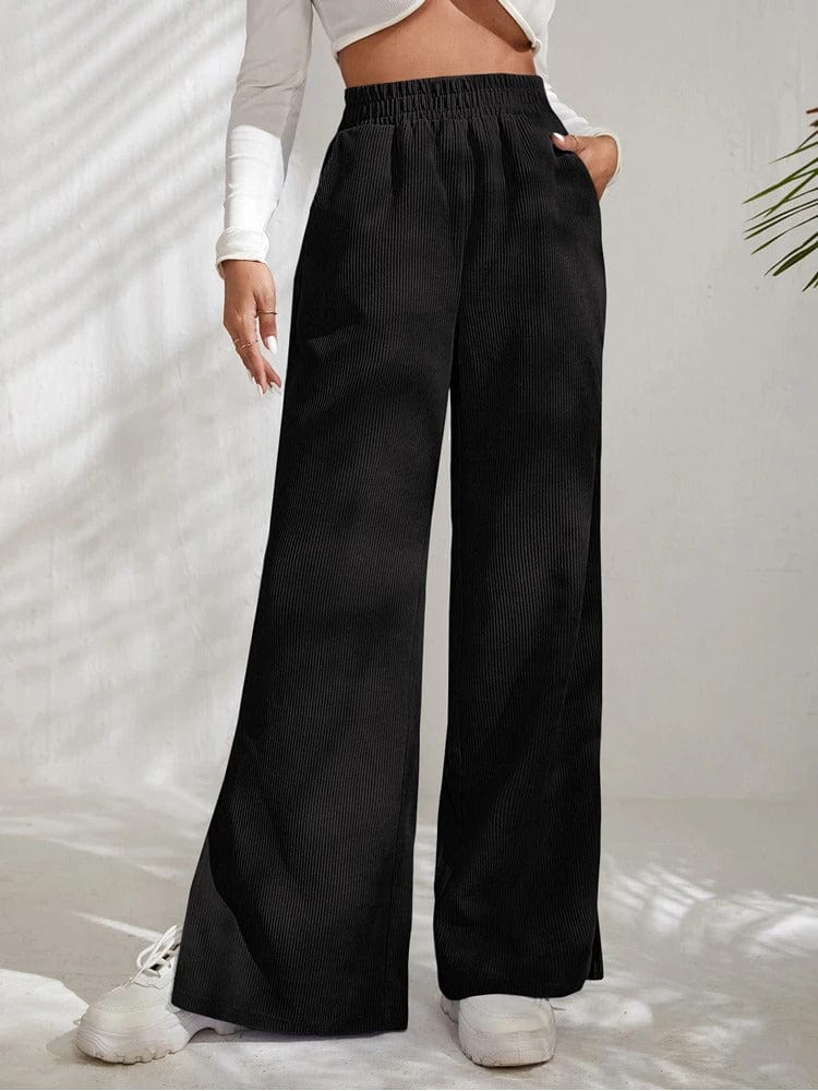 Wide Leg Corduroy Trousers for Women | with Side Slit | Black