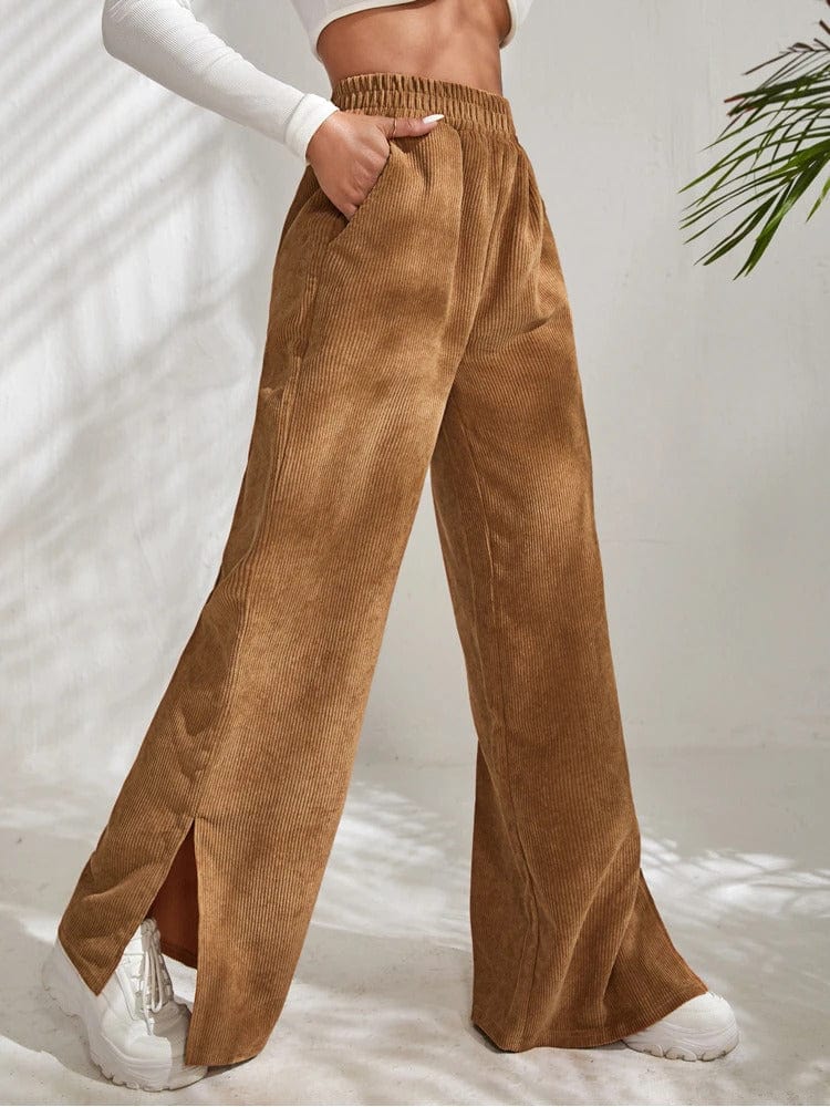 Wide Leg Corduroy Trousers for Women | with Side Slit | Brown