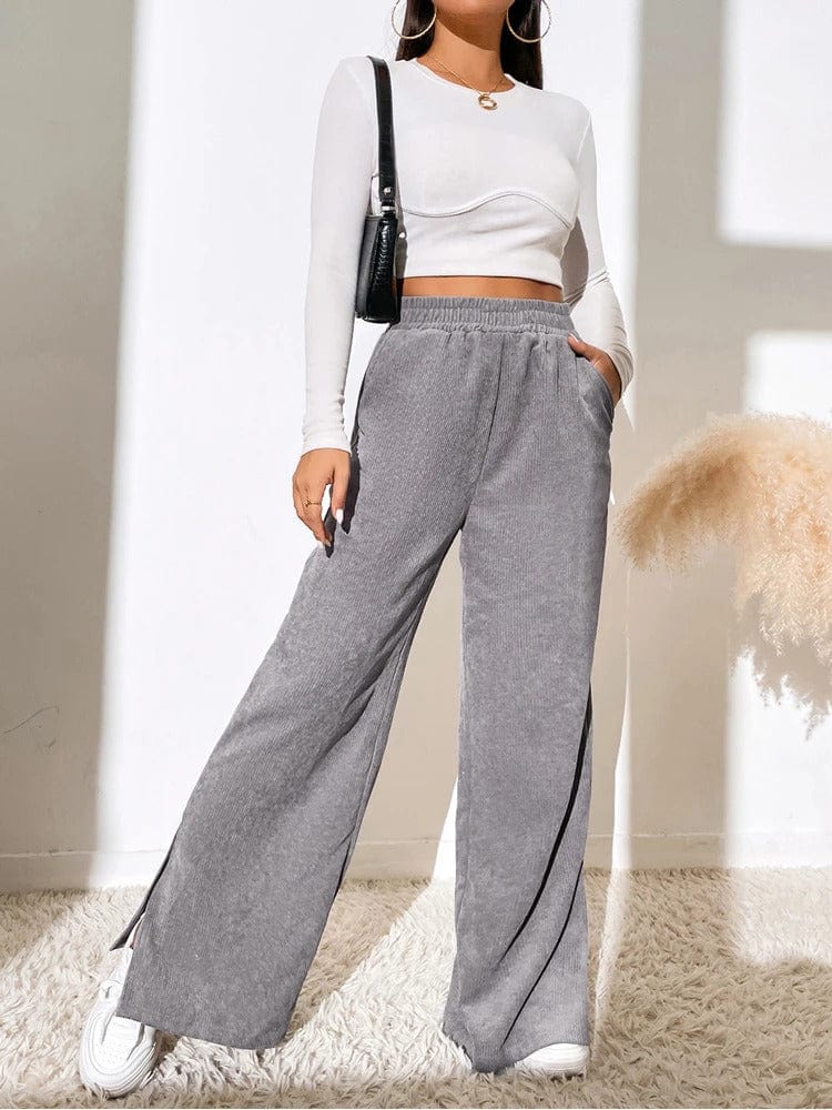 Wide Leg Corduroy Trousers for Women | with Side Slit | Gray