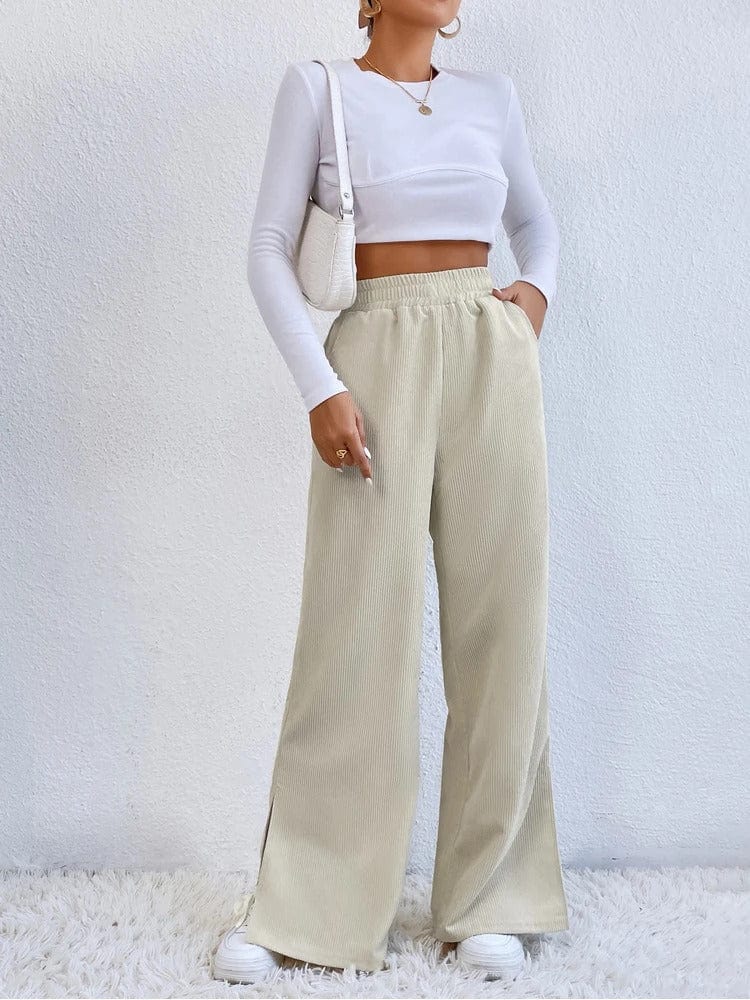 Wide Leg Corduroy Trousers for Women | with Side Slit | Ivory