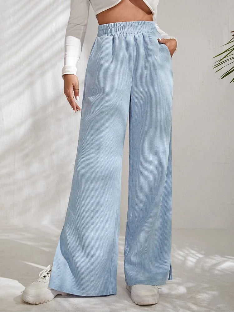 Wide Leg Corduroy Trousers for Women | with Side Slit | Light Blue