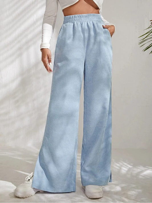 Wide Leg Corduroy Trousers for Women | with Side Slit | Light Blue