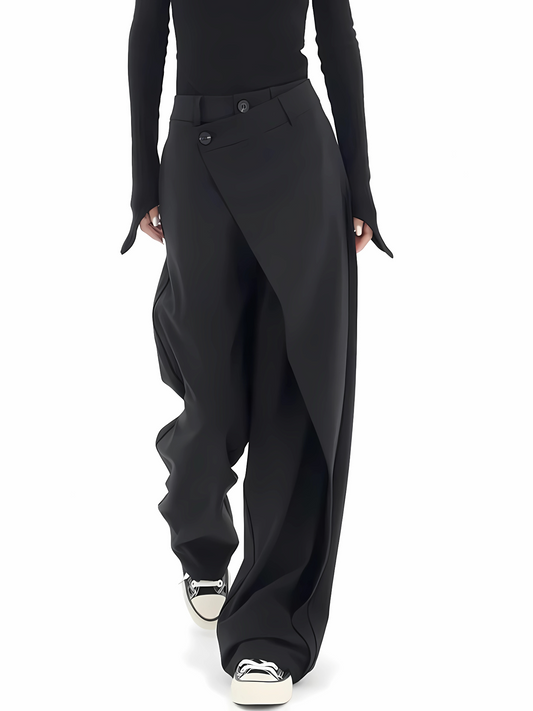 Wide Leg Trousers Women, Asymmetrical Cut | Casual Elegant | Black