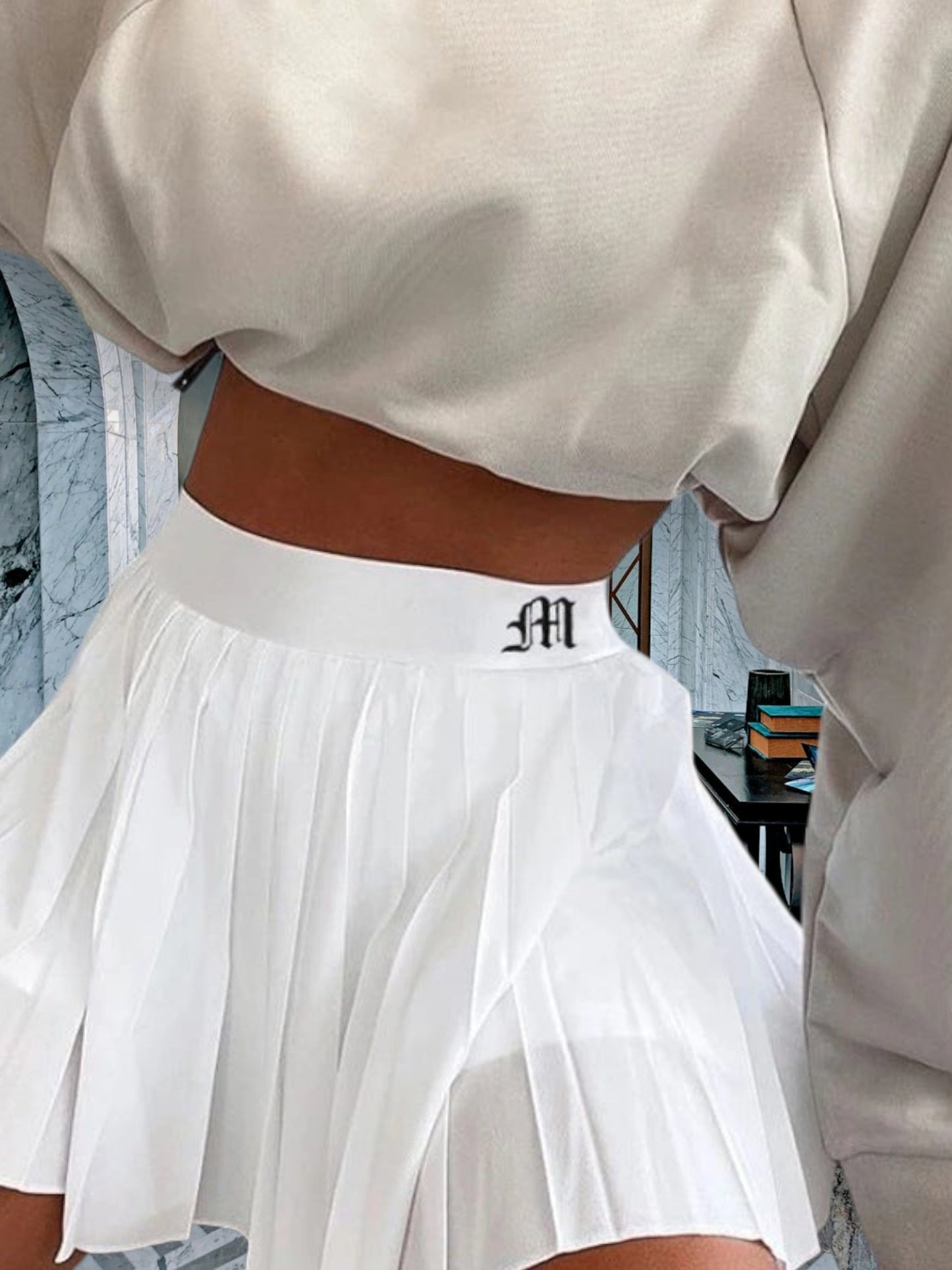Winslet | Elegant Pleated Midi Skirt with Elastic Waistband and Flowing Design | White 2