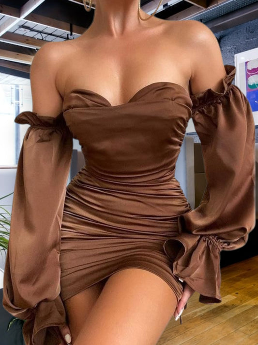 Wintera | Elegant Off-Shoulder Mini Cocktail Dress with Ruffle Details and Adjustable Straps | Brown