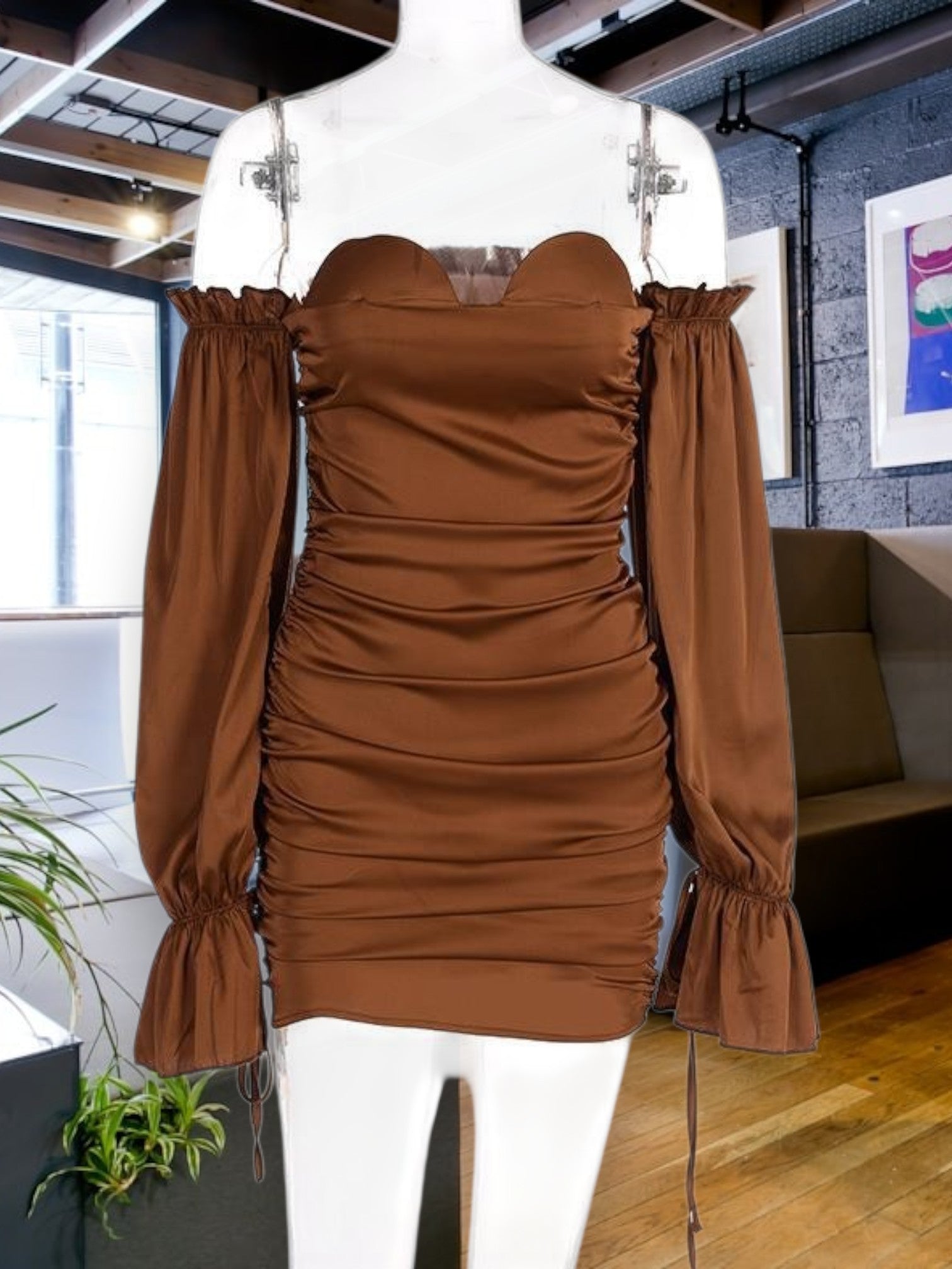 Wintera | Elegant Off-Shoulder Mini Cocktail Dress with Ruffle Details and Adjustable Straps | Brown 2