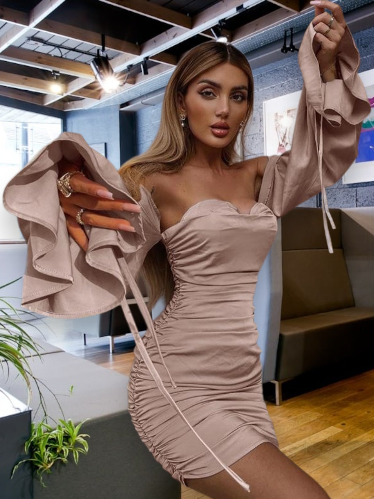 Wintera | Elegant Off-Shoulder Mini Cocktail Dress with Ruffle Details and Adjustable Straps | Pink 2