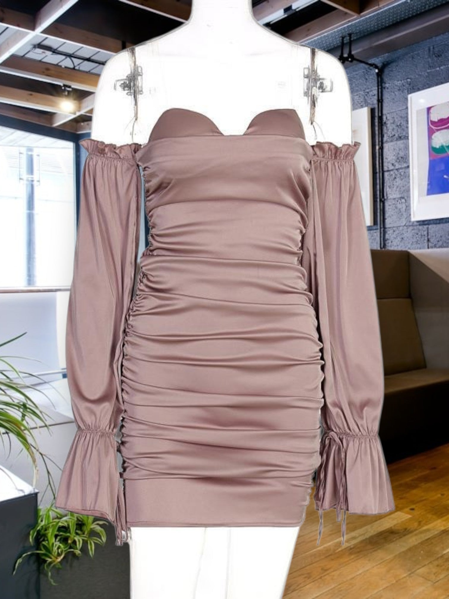 Wintera | Elegant Off-Shoulder Mini Cocktail Dress with Ruffle Details and Adjustable Straps | Pink 3