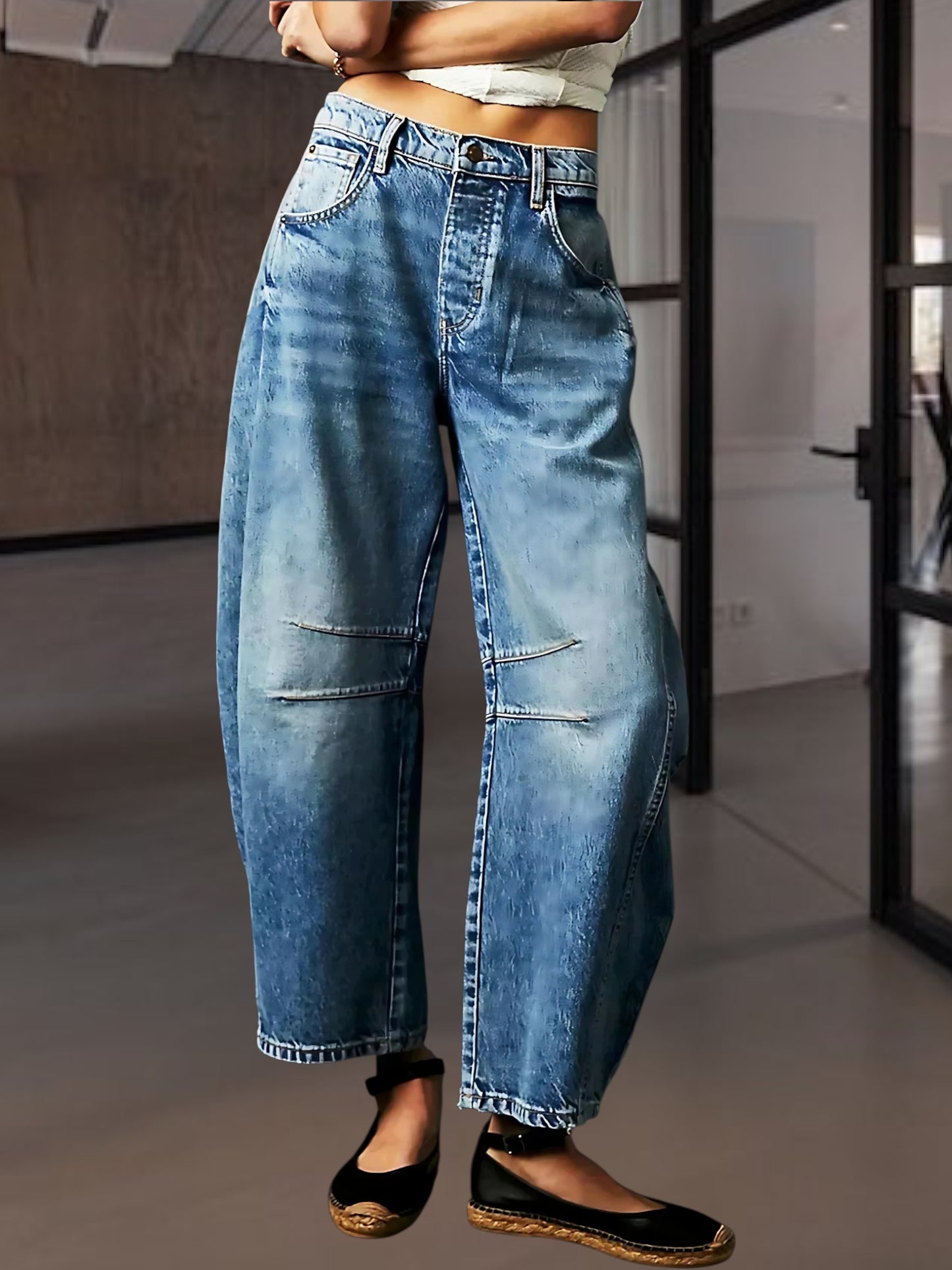 Women's Barrel Jeans in Durable Cotton, Mid-Rise, Ankle-Length | Blue