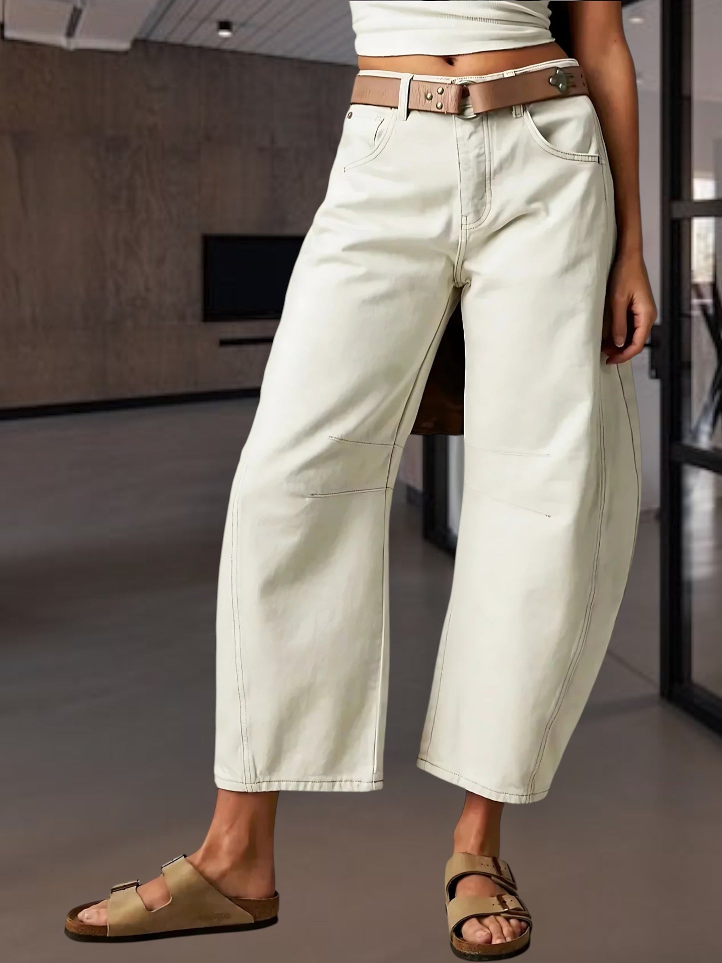 Women's Barrel Jeans in Durable Cotton, Mid-Rise, Ankle-Length | White