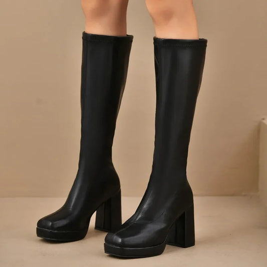 Women's Black Thigh High Boots with Chunky Heel and Platform Sole 0