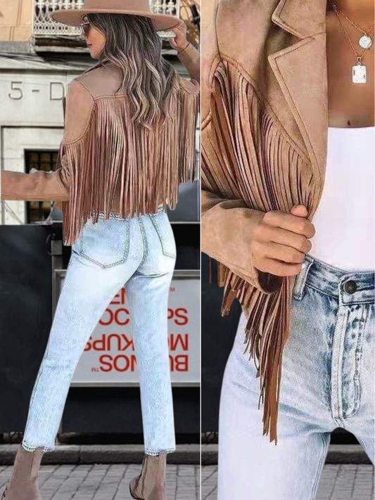 Women's Bohemian Fringe Jacket in Soft Fabric, Relaxed Fit, Long Sleeves | Brown