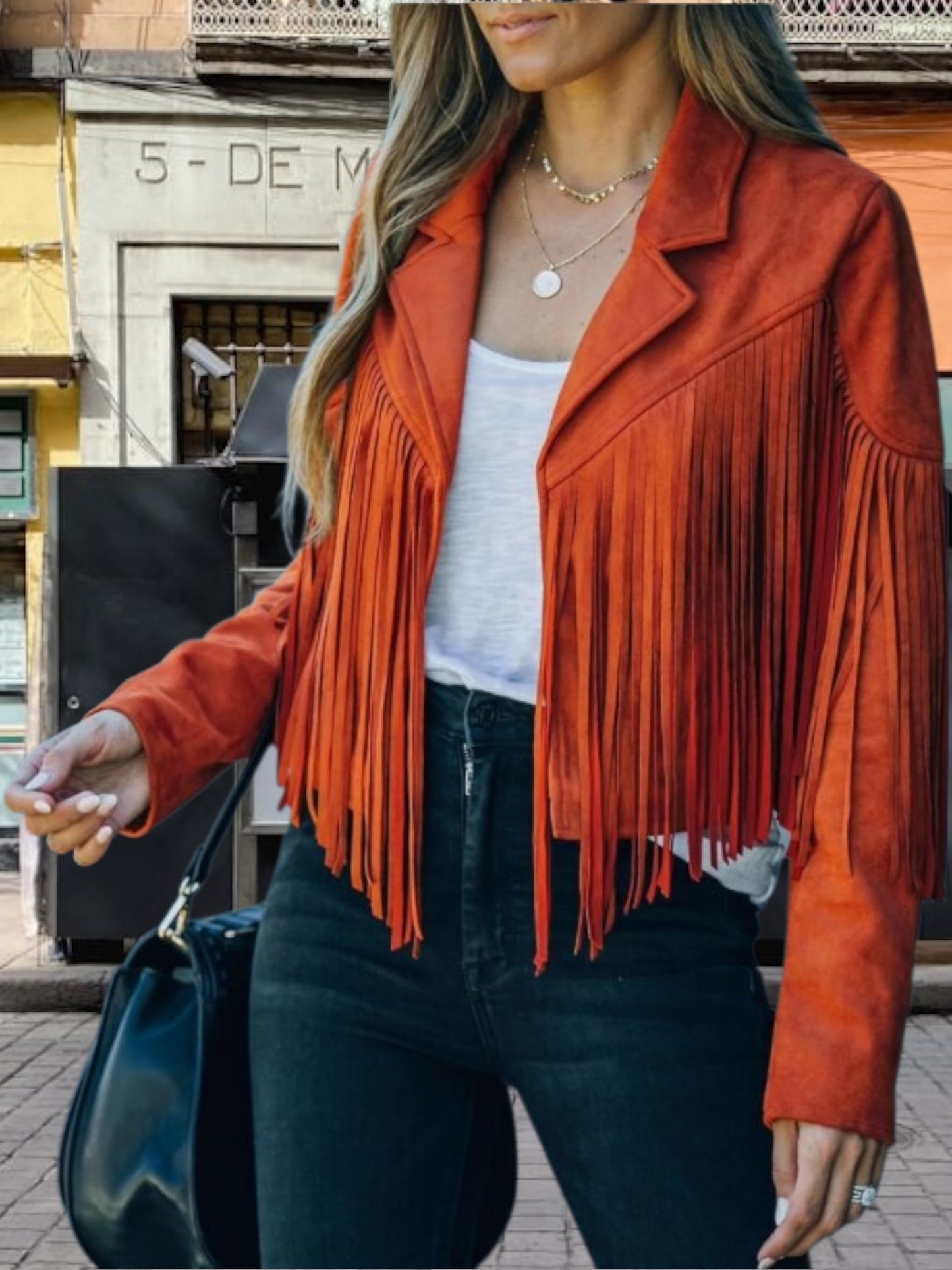 Women's Bohemian Fringe Jacket in Soft Fabric, Relaxed Fit, Long Sleeves | Orange