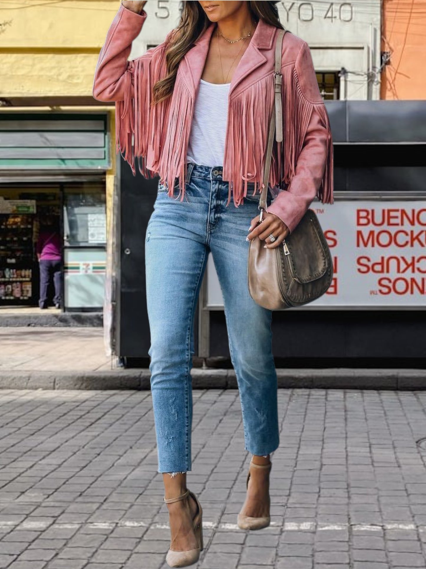 Women's Bohemian Fringe Jacket in Soft Fabric, Relaxed Fit, Long Sleeves | Pink