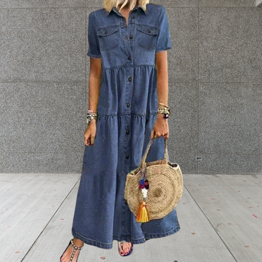 Women's Cotton Summer Dress with Button Closure and Flared Fit | Darkblue