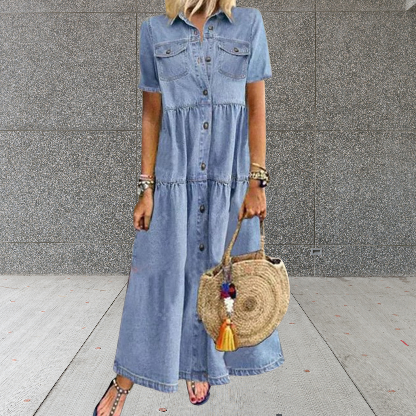 Women's Cotton Summer Dress with Button Closure and Flared Fit | Lightblue