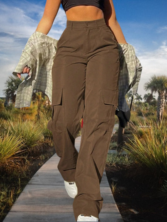 Women's High-Waist Cargo Pants with Functional Pockets | Brown