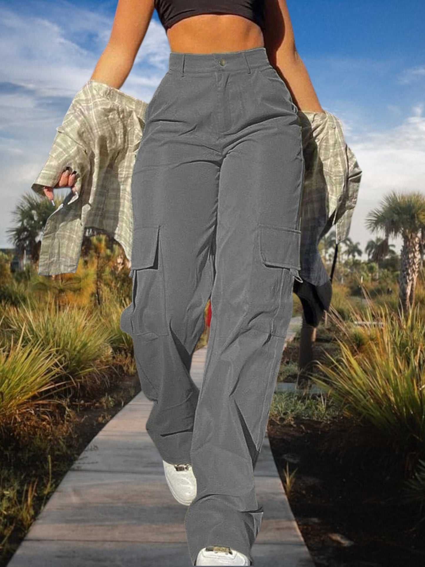 Women's High-Waist Cargo Pants with Functional Pockets | Gray