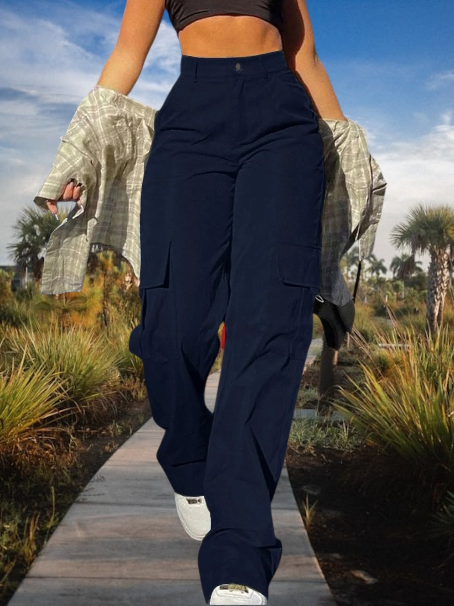 Women's High-Waist Cargo Pants with Functional Pockets | Navyblue