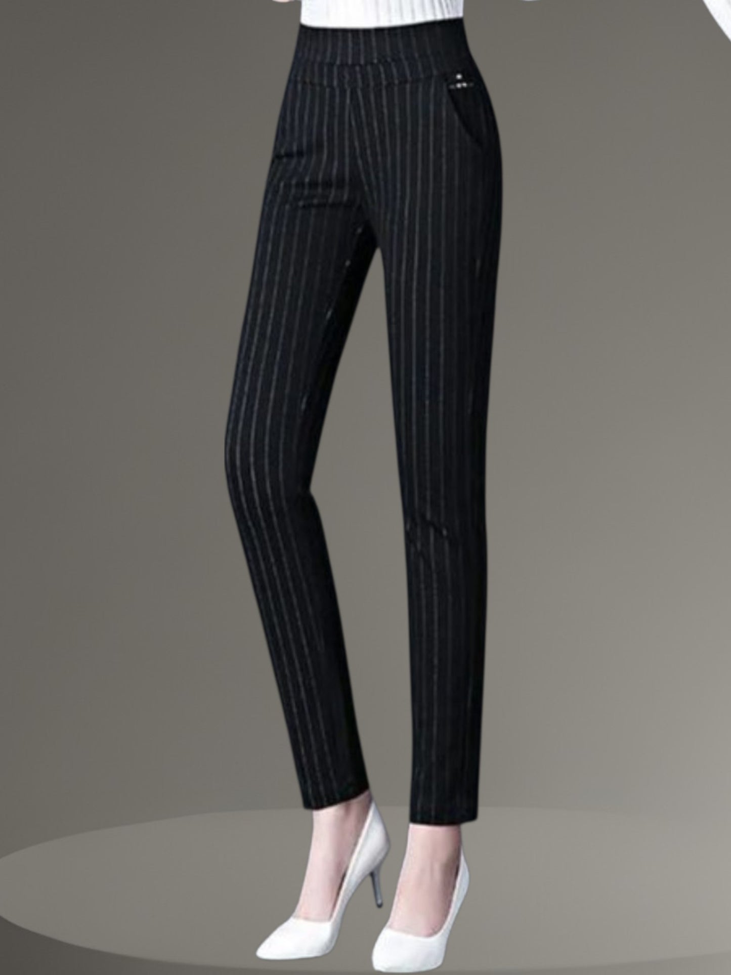 Women's High-Waisted Stretch Leggings with Faux Pocket Detail | Black Stripes