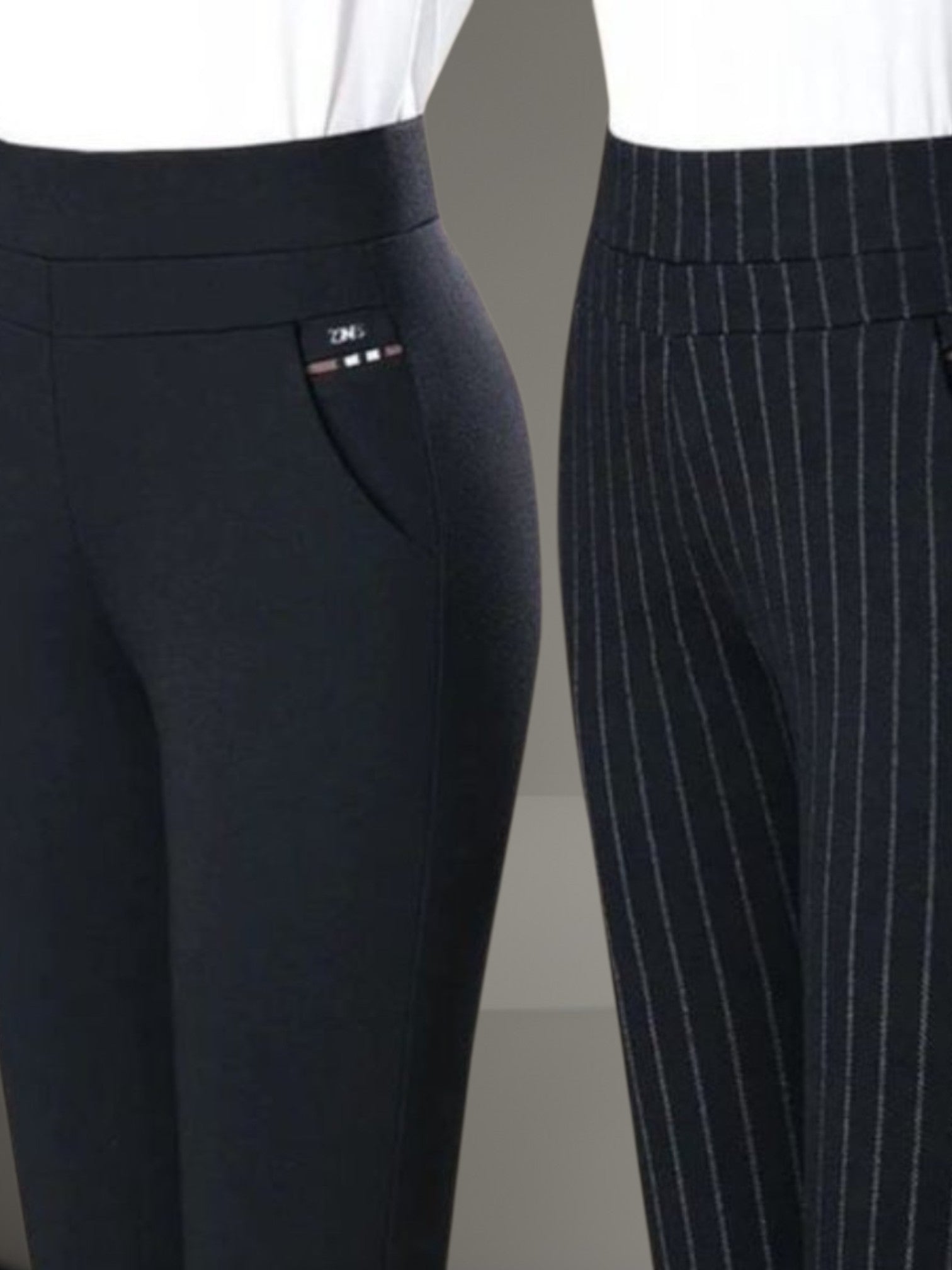 Women's High-Waisted Stretch Leggings with Faux Pocket Detail | Black Stripes 2