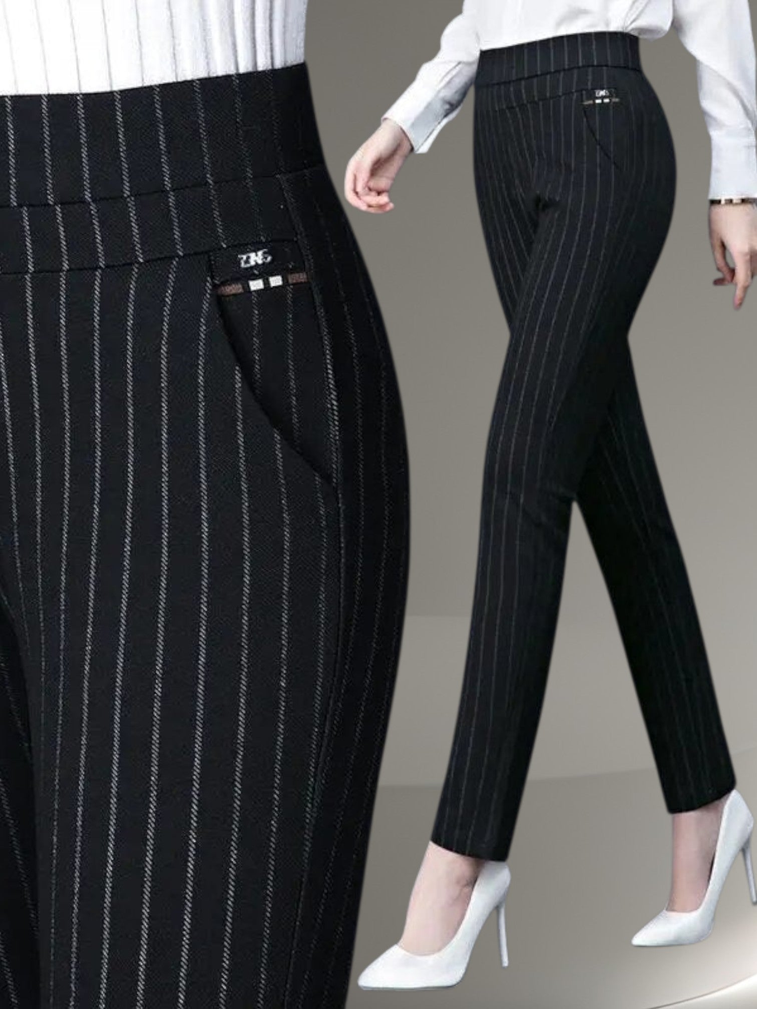 Women's High-Waisted Stretch Leggings with Faux Pocket Detail | Black Stripes 3