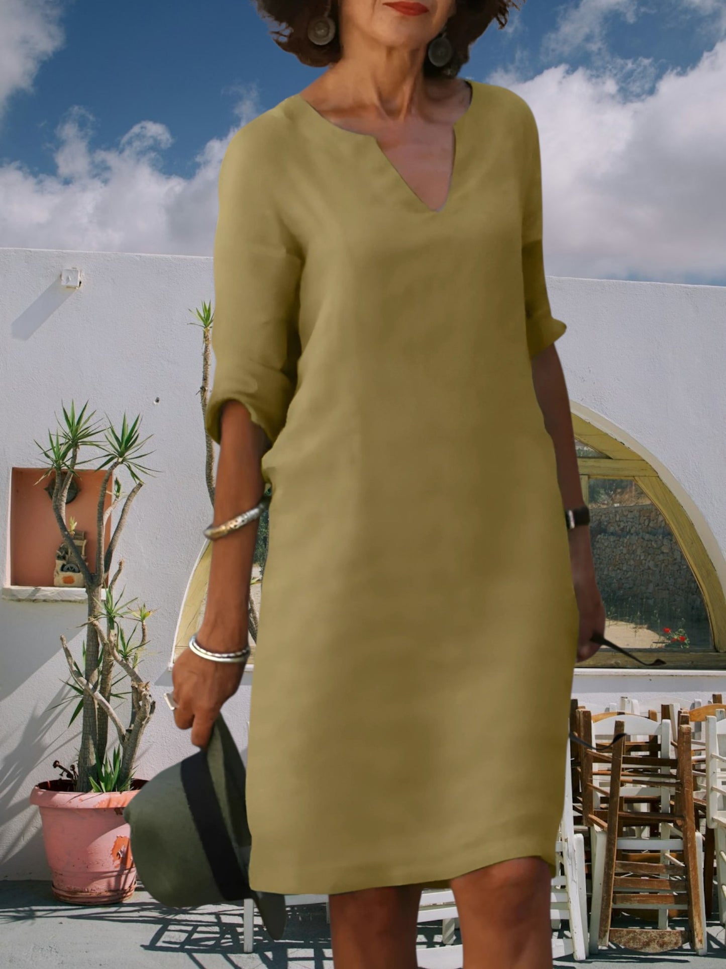 Women's Knee-Length Mini Dress with V-Neckline and 3/4 Sleeves | Khaki