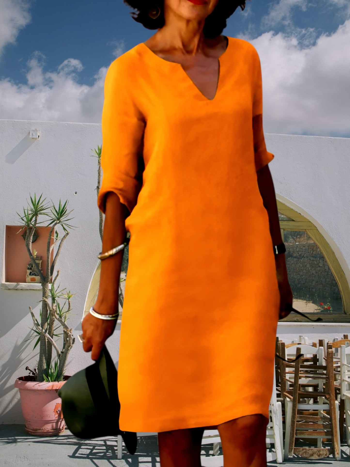 Women's Knee-Length Mini Dress with V-Neckline and 3/4 Sleeves | Orange