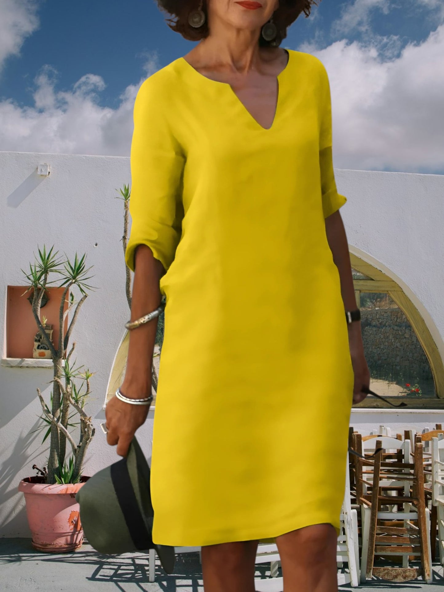 Women's Knee-Length Mini Dress with V-Neckline and 3/4 Sleeves | Yellow