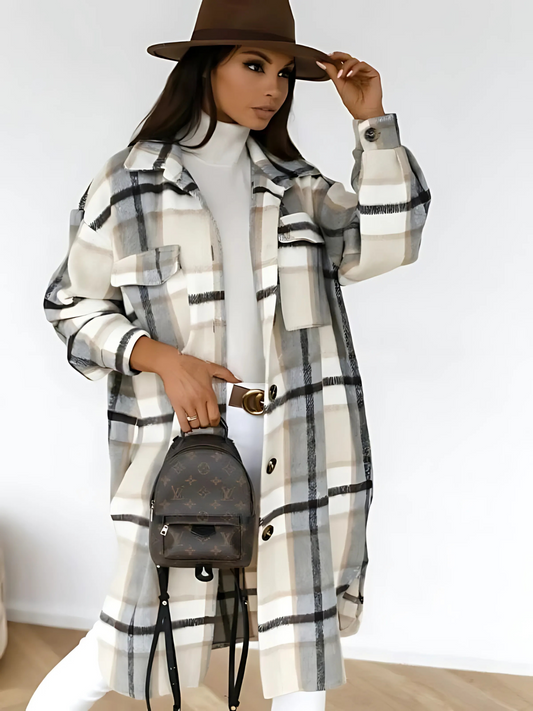 Women's Long Checked Coat | Straight Cut | Beige