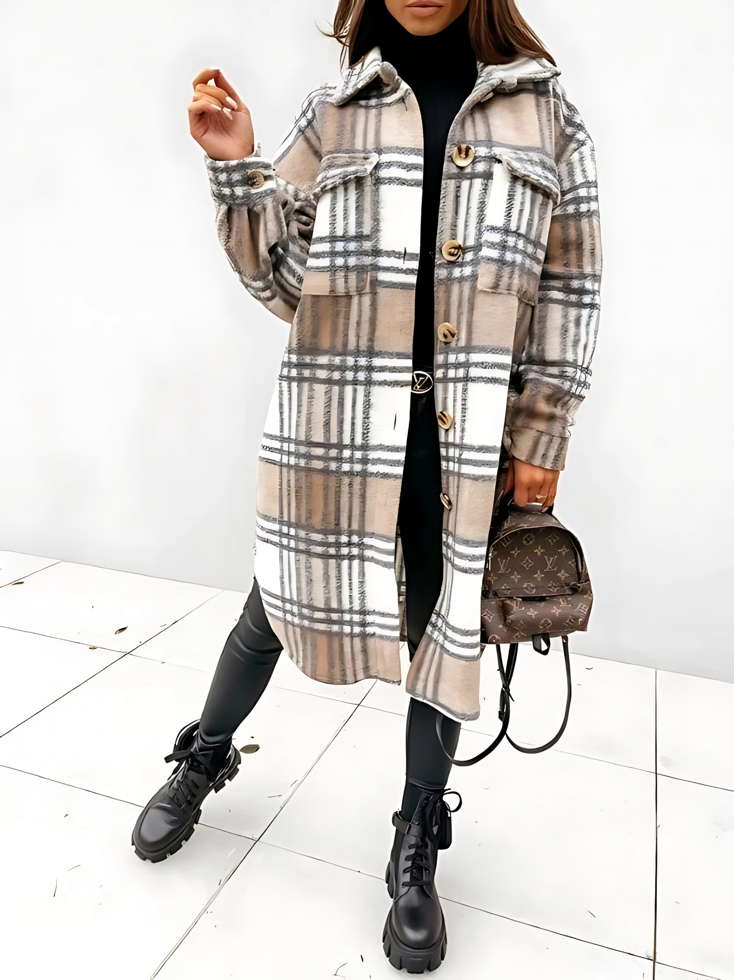Women's Long Checked Coat | Straight Cut | Light Brown