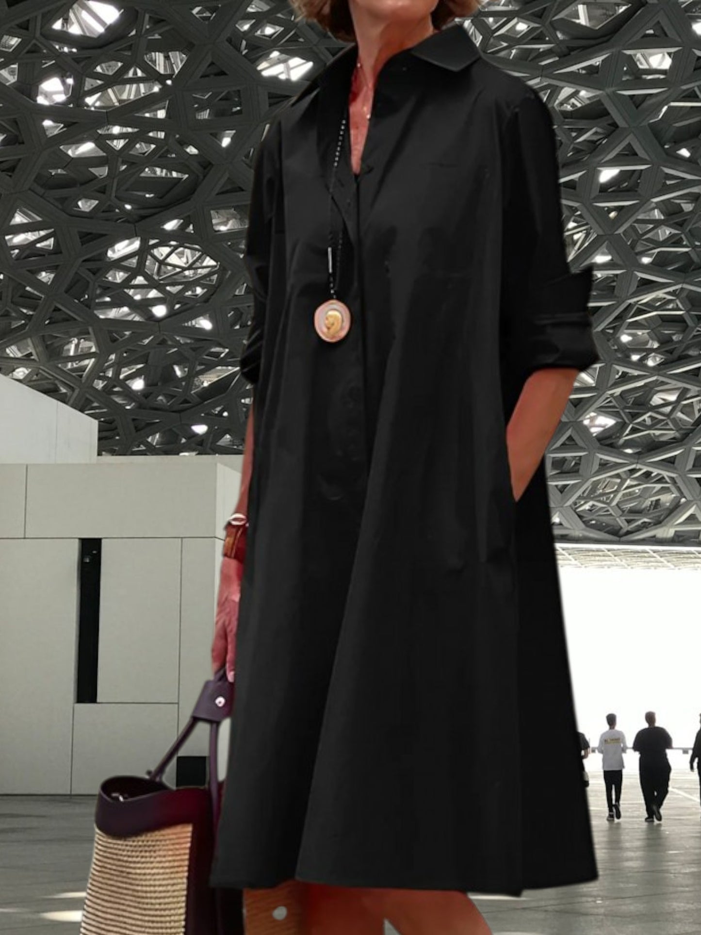 Women's Long sleeve Polo Dress in Breathable Cotton Blend with Classic Collar | Black