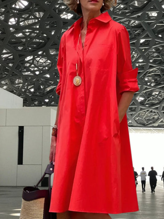 Women's Long sleeve Polo Dress in Breathable Cotton Blend with Classic Collar | Red