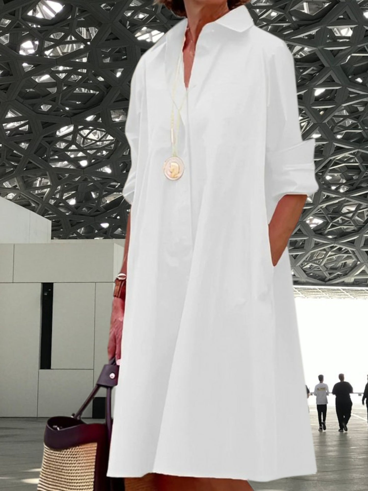 Women's Long sleeve Polo Dress in Breathable Cotton Blend with Classic Collar | White