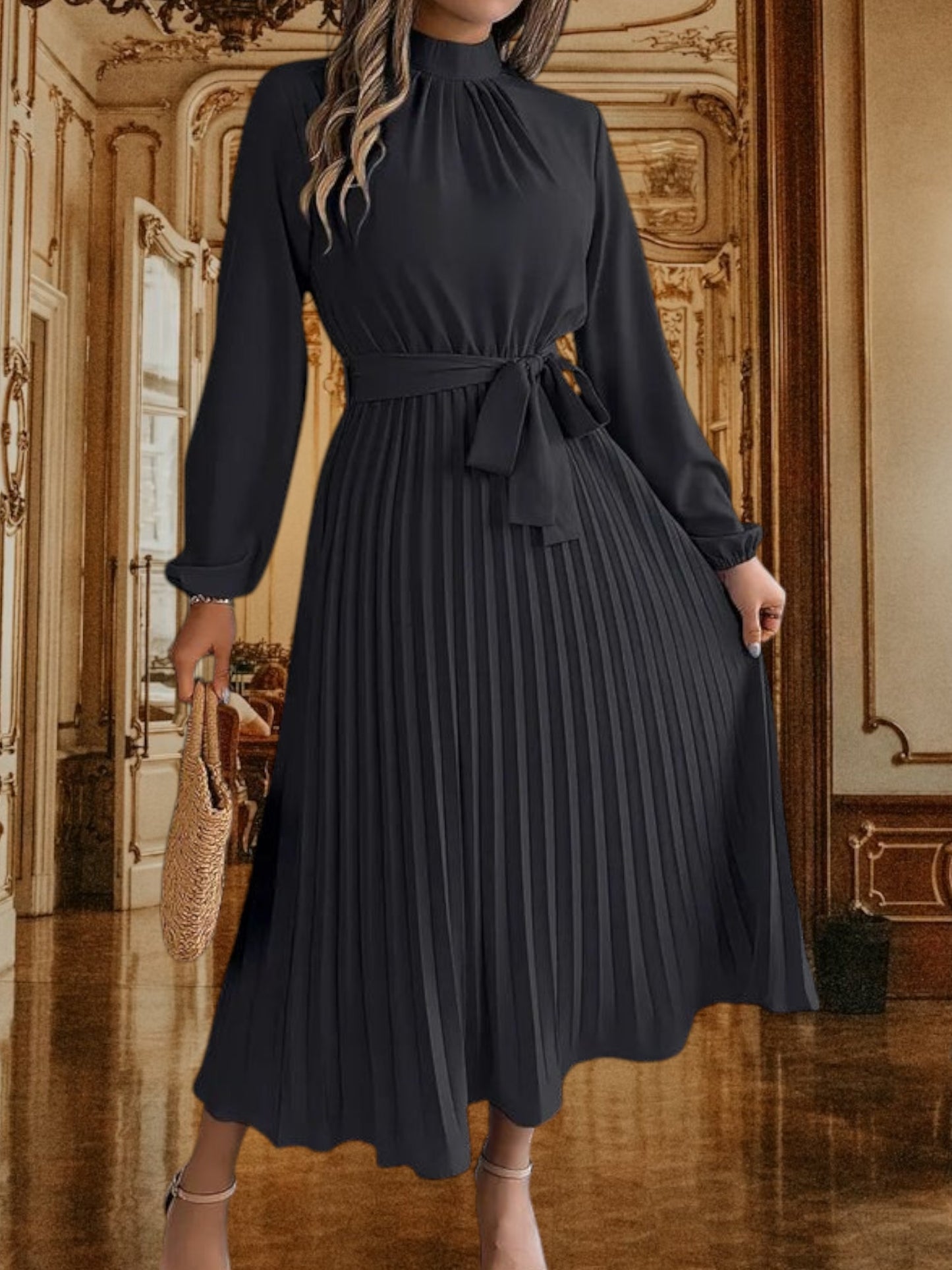 Women's Pleated Midi Dress with Belted Waist and Long Sleeves | Black