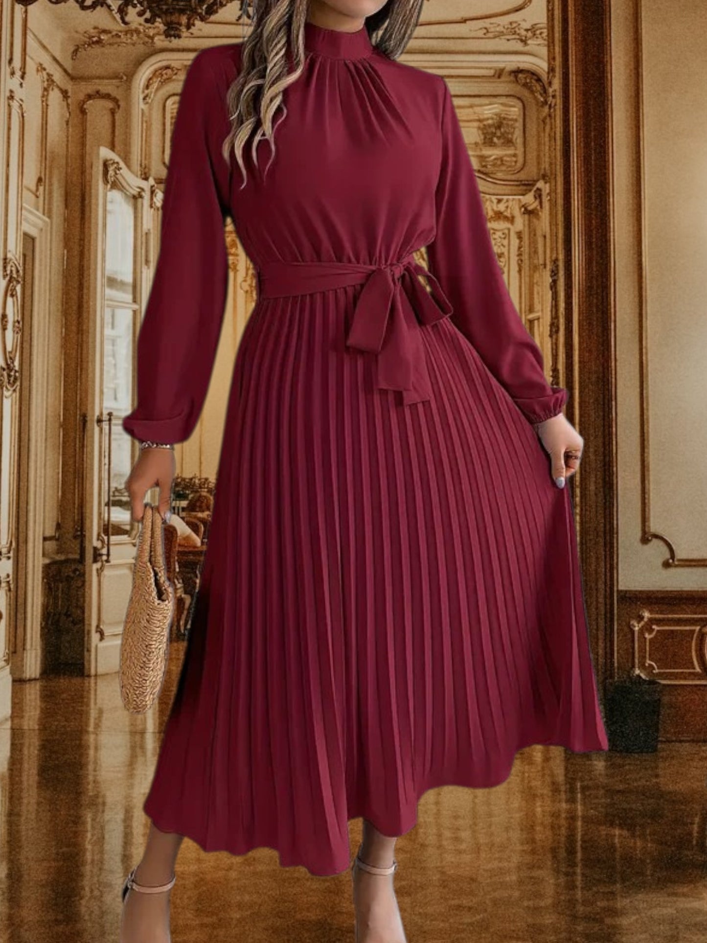 Women's Pleated Midi Dress with Belted Waist and Long Sleeves | Burgundy