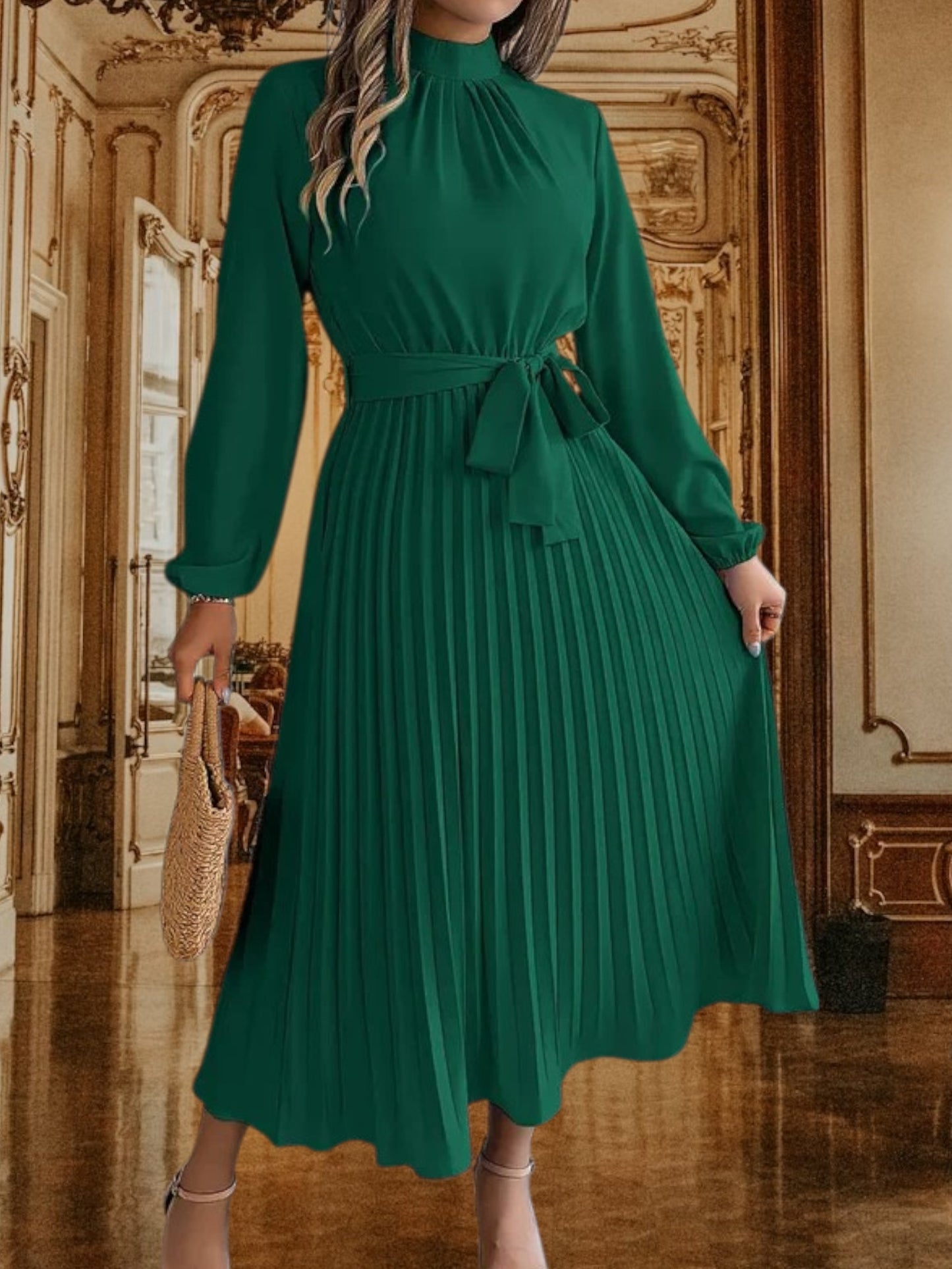 Women's Pleated Midi Dress with Belted Waist and Long Sleeves | Green
