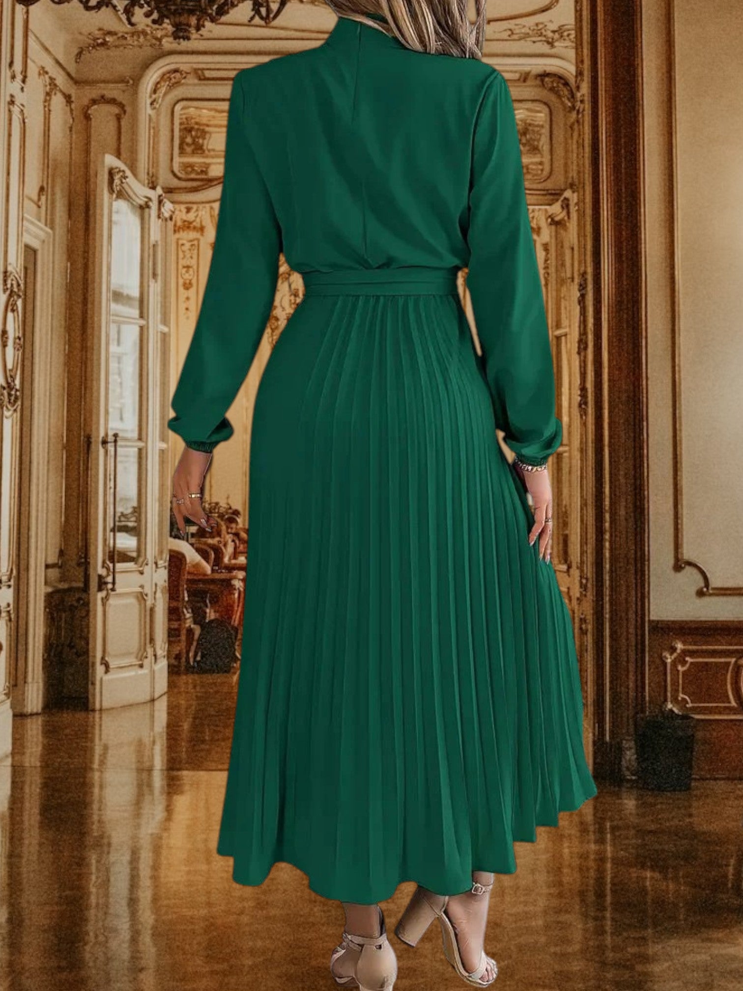 Women's Pleated Midi Dress with Belted Waist and Long Sleeves | Green 2