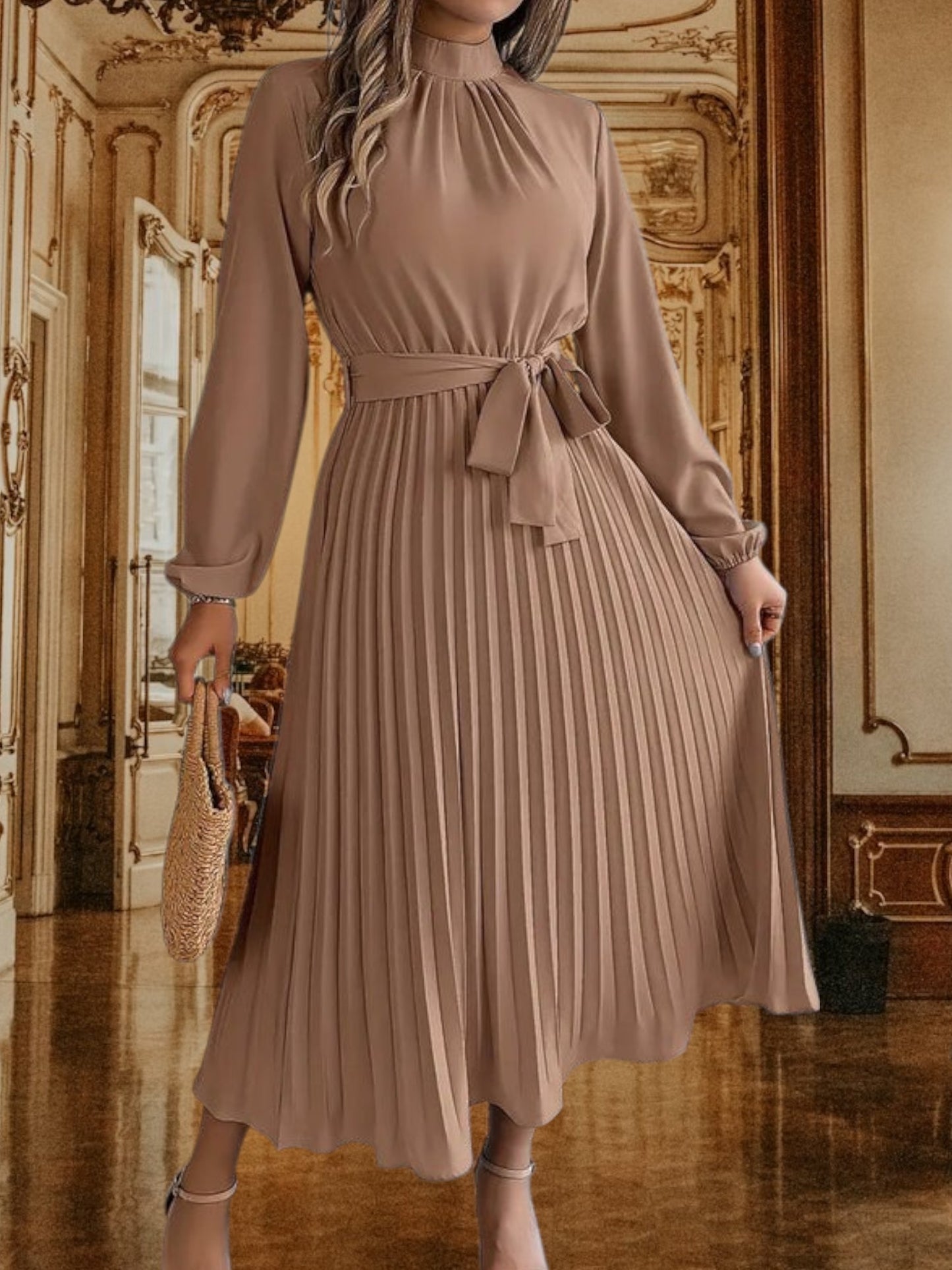 Women's Pleated Midi Dress with Belted Waist and Long Sleeves | Khaki