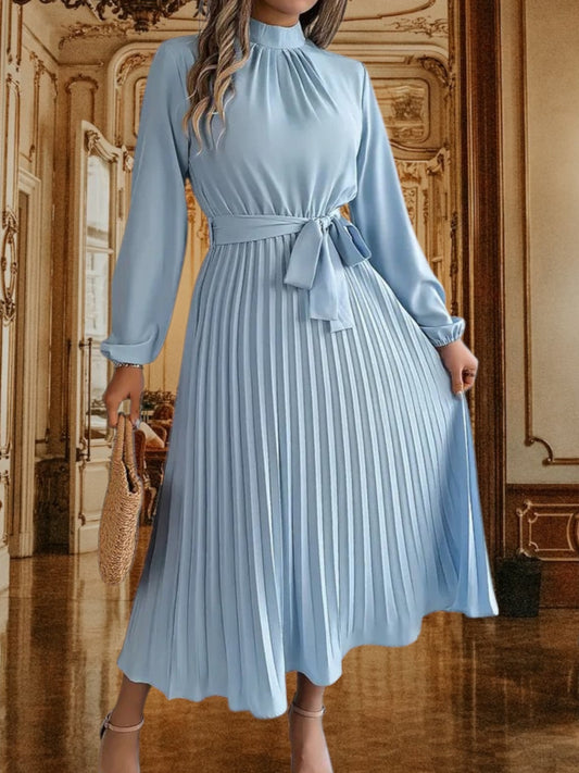 Women's Pleated Midi Dress with Belted Waist and Long Sleeves | Light Blue