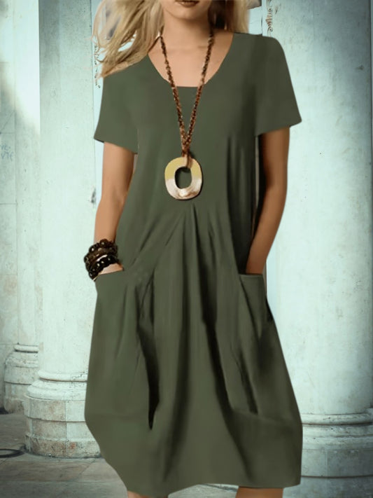 Women's Summer Midi Dress with Round Neckline and Pockets| Green