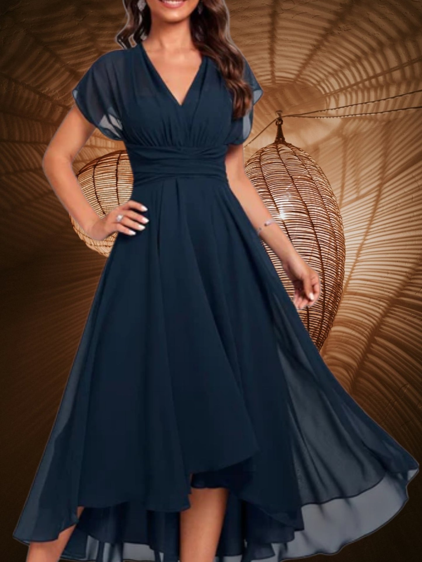 Women's V-Neck Midi Dress with Short Sleeves and Flared Skirt | Navy Blue
