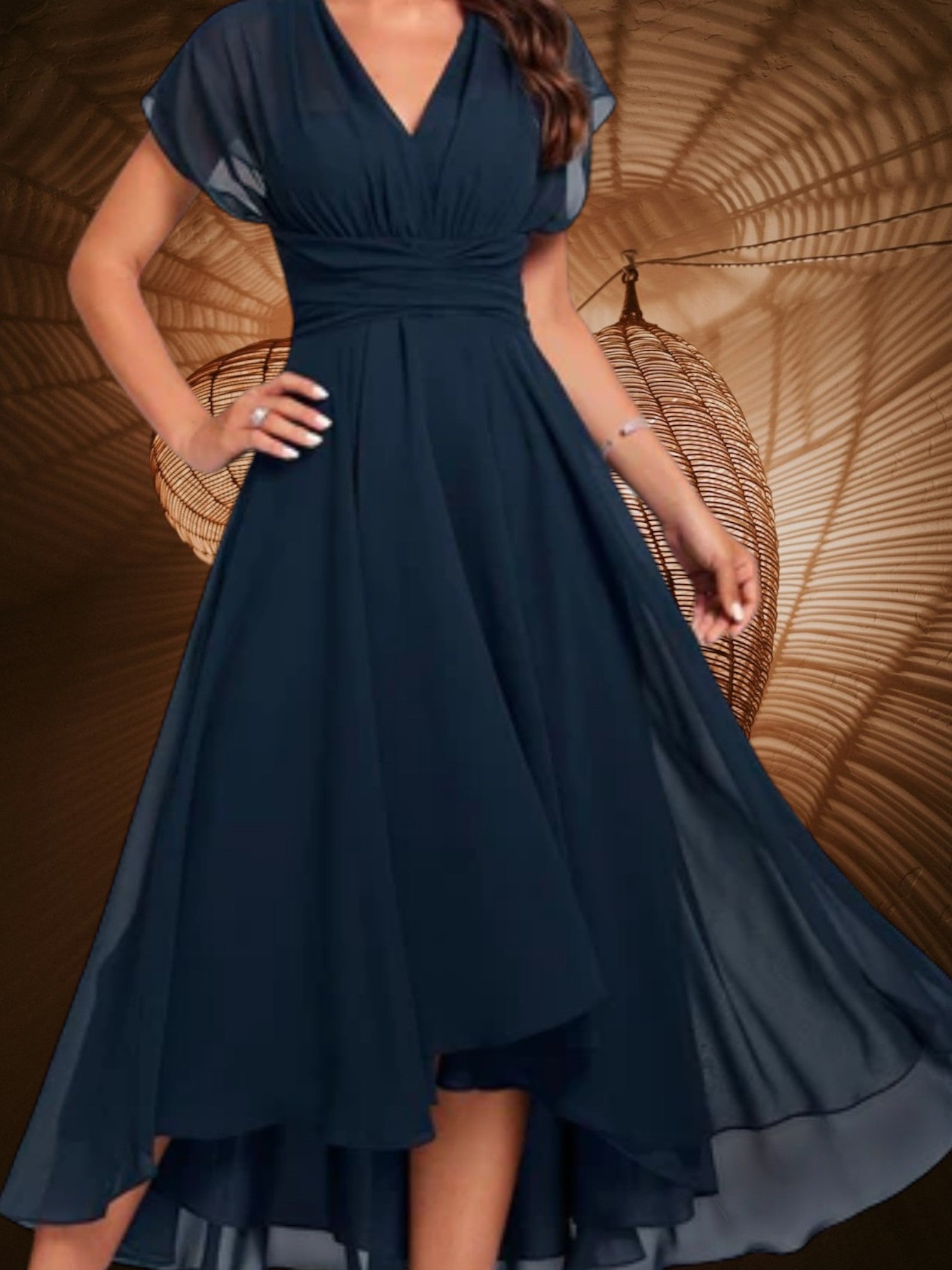 Women's V-Neck Midi Dress with Short Sleeves and Flared Skirt | Navy Blue 2